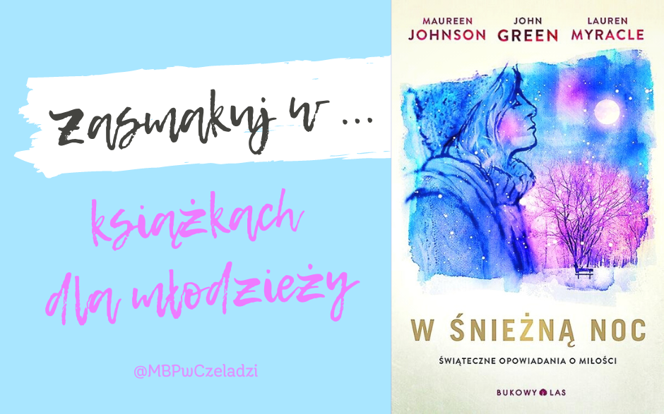 Po lewej stronie grafiki tekst Zasmakuj w książkach dla młodzieży, po prawej okładka książki W śnieżną noc.